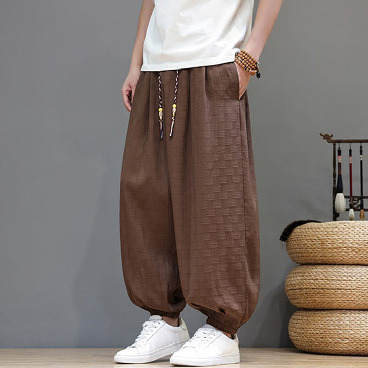 Buddha Stones Pantalon harem d'été décontracté pour homme, à cordon de serrage, en tissu tissé à motif rotin, avec poches. - image 18