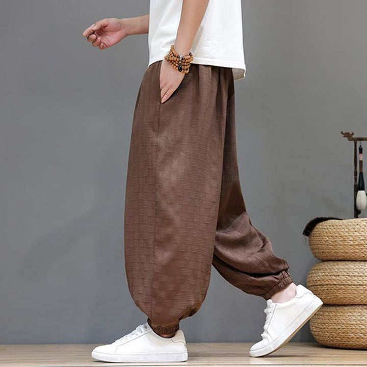 Buddha Stones Pantalon harem d'été décontracté pour homme, à cordon de serrage, en tissu tissé à motif rotin, avec poches. - image 20
