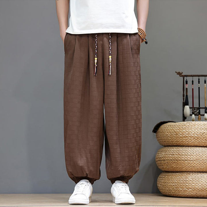 Buddha Stones Pantalon harem d'été décontracté pour homme, à cordon de serrage, en tissu tissé à motif rotin, avec poches. - Terre de sienne - US/UK/AU46，EU56 (5XL) - image 17