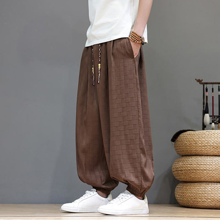 Buddha Stones Pantalon harem d'été décontracté pour homme, à cordon de serrage, en tissu tissé à motif rotin, avec poches. - image 21