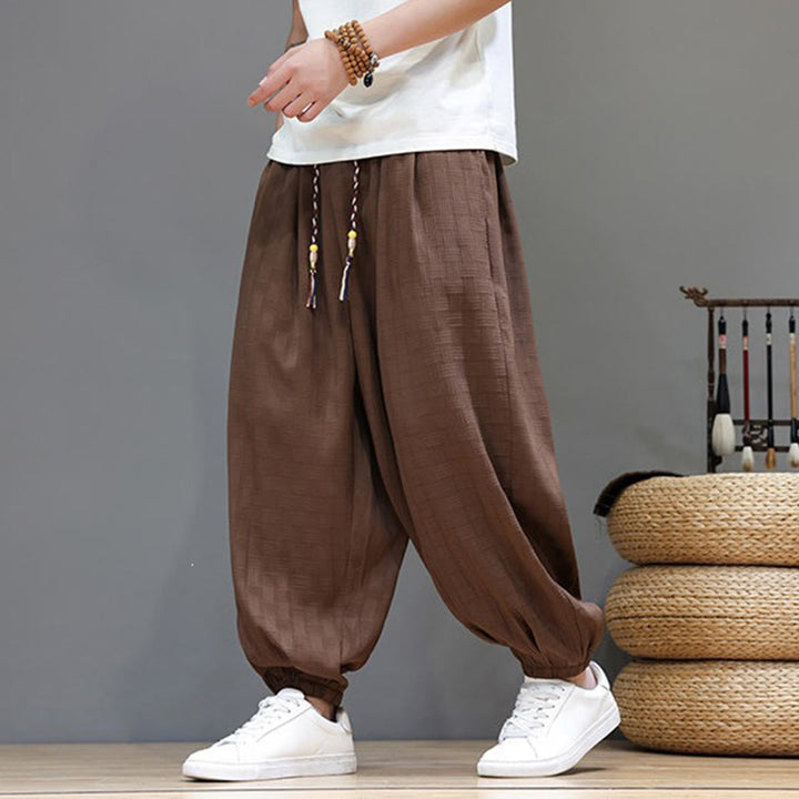 Buddha Stones Pantalon harem d'été décontracté pour homme, à cordon de serrage, en tissu tissé à motif rotin, avec poches. - image 22