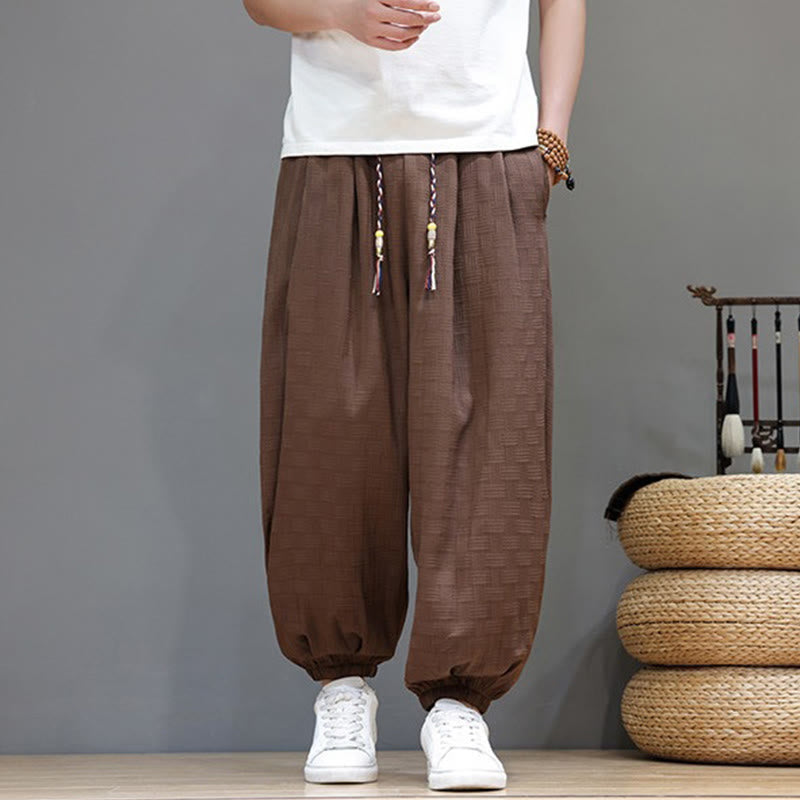 Buddha Stones Pantalon harem d'été décontracté pour homme, à cordon de serrage, en tissu tissé à motif rotin, avec poches. - image 23
