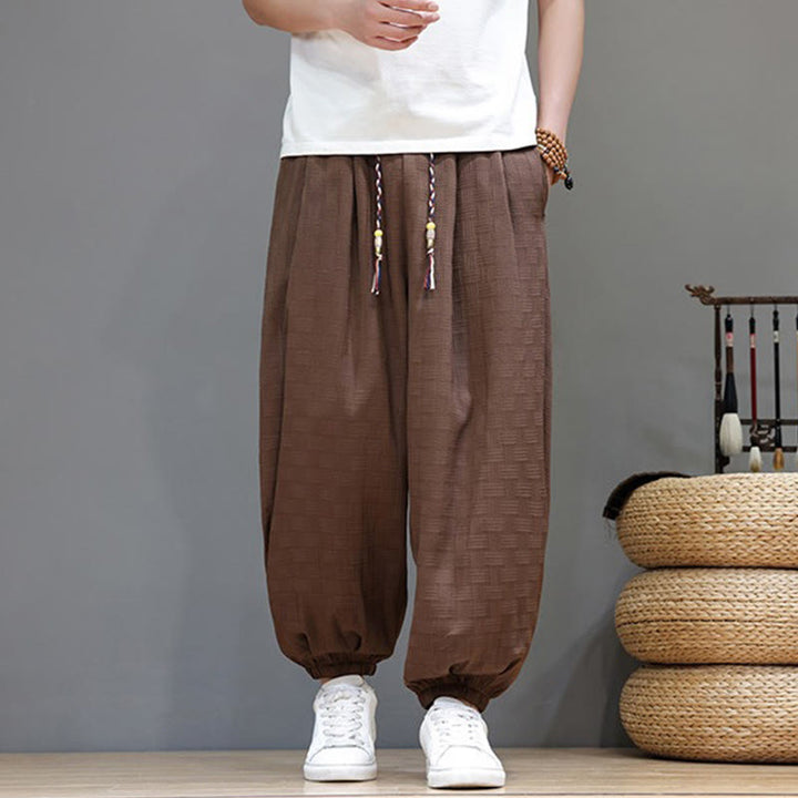 Buddha Stones Pantalon harem d'été décontracté pour homme, à cordon de serrage, en tissu tissé à motif rotin, avec poches. - image 23