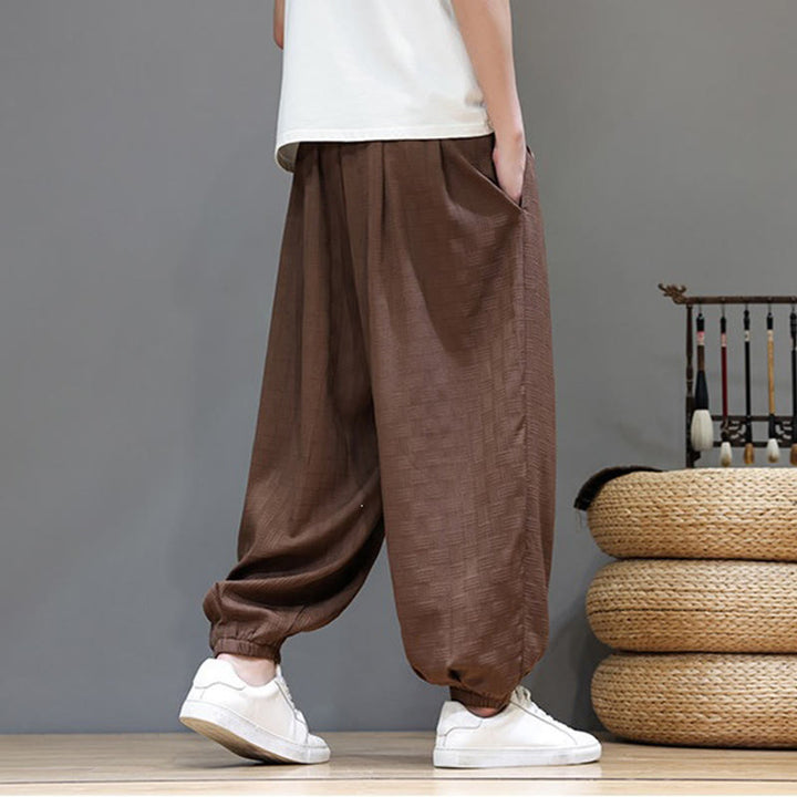 Buddha Stones Pantalon harem d'été décontracté pour homme, à cordon de serrage, en tissu tissé à motif rotin, avec poches. - image 19