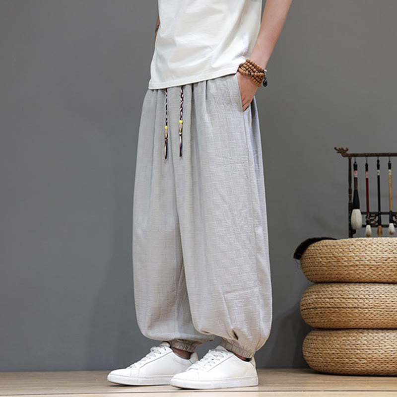 Buddha Stones Pantalon harem d'été décontracté pour homme, à cordon de serrage, en tissu tissé à motif rotin, avec poches. - image 26