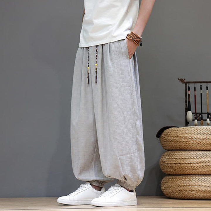 Buddha Stones Pantalon harem d'été décontracté pour homme, à cordon de serrage, en tissu tissé à motif rotin, avec poches. - image 26