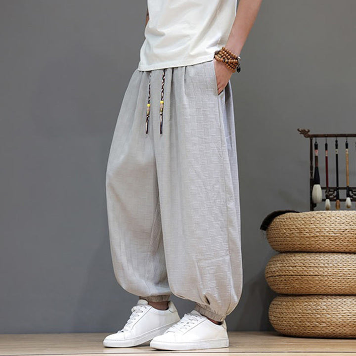Buddha Stones Pantalon harem d'été décontracté pour homme, à cordon de serrage, en tissu tissé à motif rotin, avec poches. - image 29