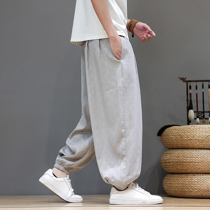 Buddha Stones Pantalon harem d'été décontracté pour homme, à cordon de serrage, en tissu tissé à motif rotin, avec poches. - image 30