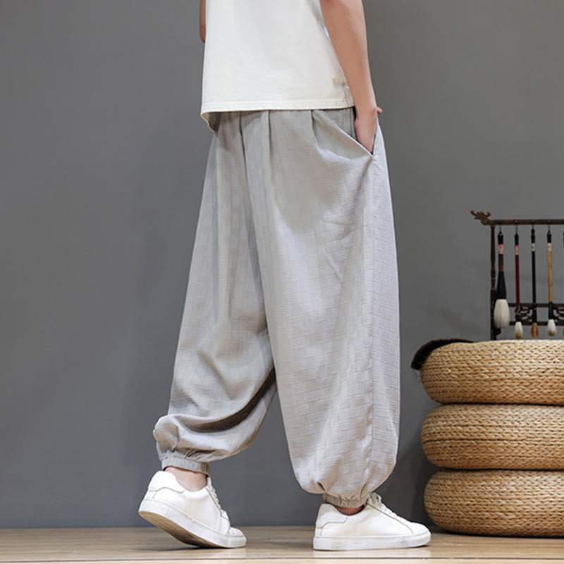 Buddha Stones Pantalon harem d'été décontracté pour homme, à cordon de serrage, en tissu tissé à motif rotin, avec poches. - image 28