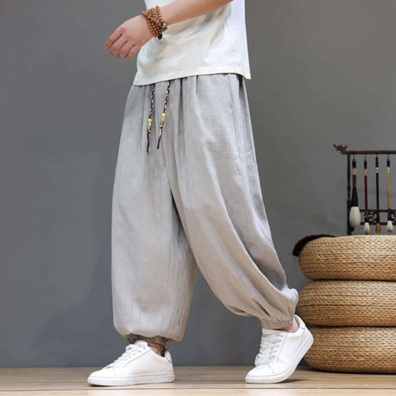 Buddha Stones Pantalon harem d'été décontracté pour homme, à cordon de serrage, en tissu tissé à motif rotin, avec poches. - image 27