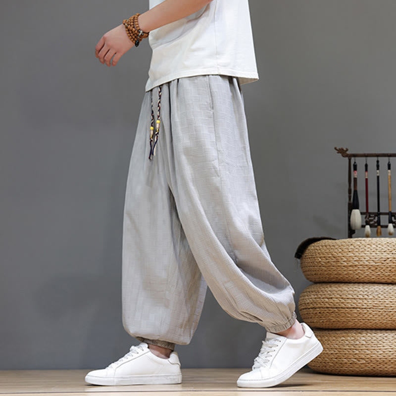 Buddha Stones Pantalon harem d'été décontracté pour homme, à cordon de serrage, en tissu tissé à motif rotin, avec poches. - image 32