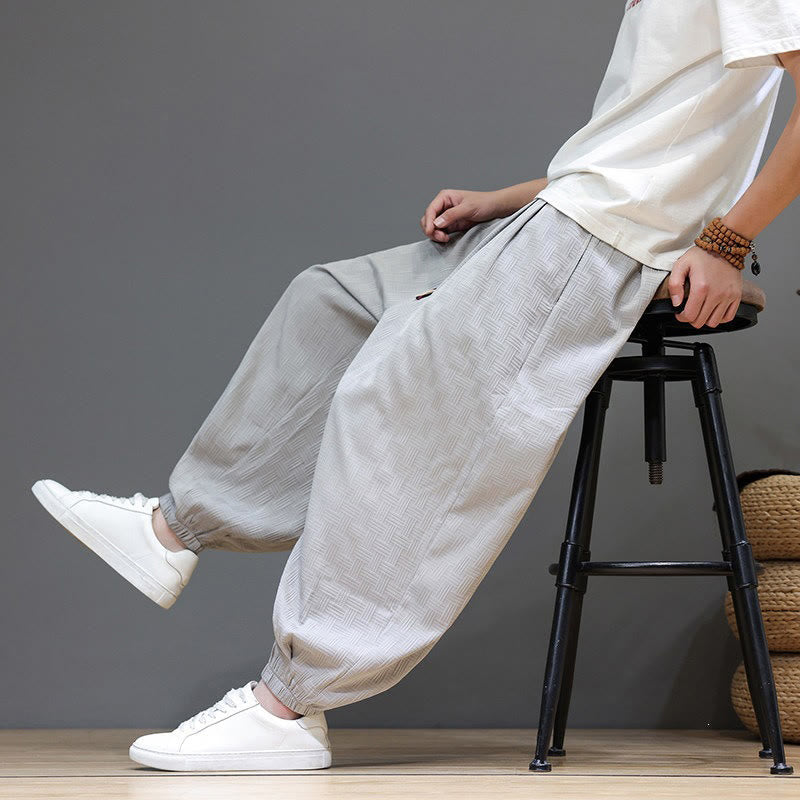 Buddha Stones Pantalon harem d'été décontracté pour homme, à cordon de serrage, en tissu tissé à motif rotin, avec poches. - image 31