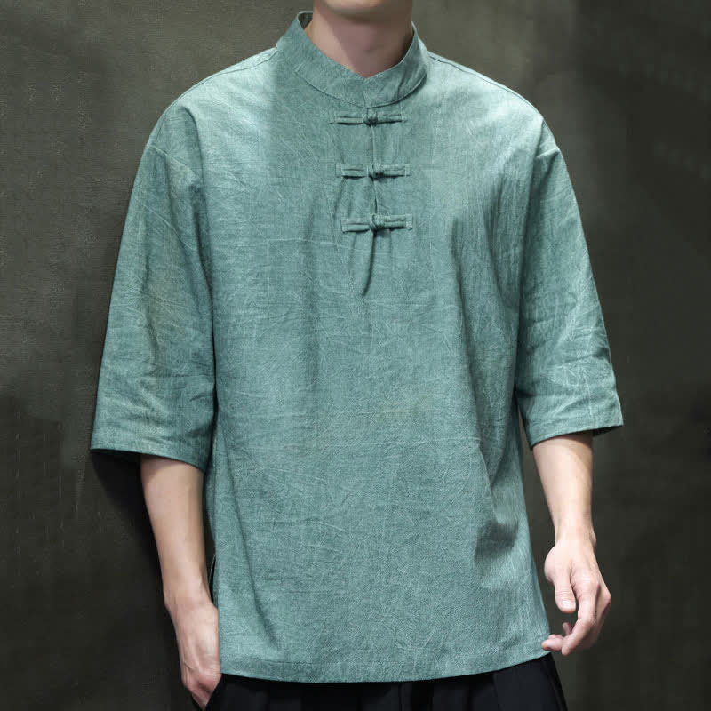 Buddha Stones Chemises à manches courtes pour hommes, style Tang, trois boutons grenouille, couleur unie, été - CadetBlue - US/UK/AU46，EU56 (5XL) - image 0