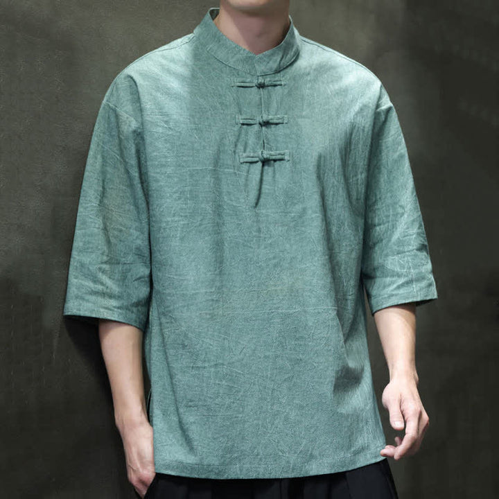 Buddha Stones Chemises à manches courtes pour hommes, style Tang, trois boutons grenouille, couleur unie, été - CadetBlue - US/UK/AU46，EU56 (5XL) - image 0