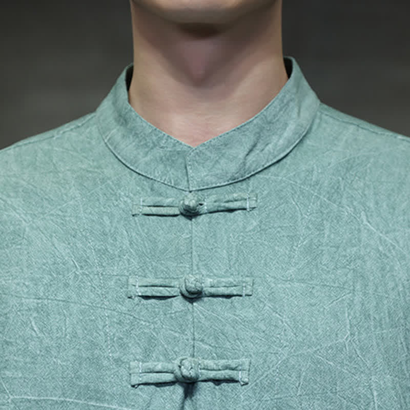 Buddha Stones Chemises à manches courtes pour hommes, style Tang, trois boutons grenouille, couleur unie, été - image 9