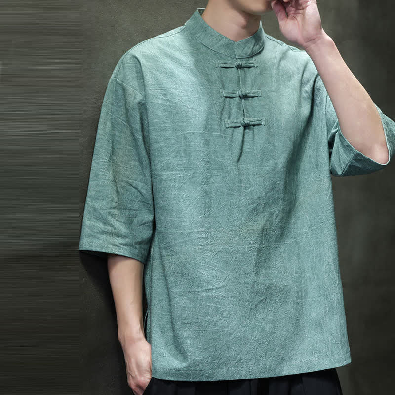Buddha Stones Chemises à manches courtes pour hommes, style Tang, trois boutons grenouille, couleur unie, été - image 4