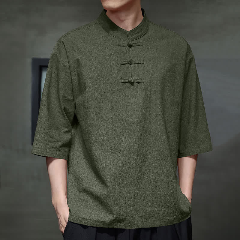 Buddha Stones Chemises à manches courtes pour hommes, style Tang, trois boutons grenouille, couleur unie, été - image 18