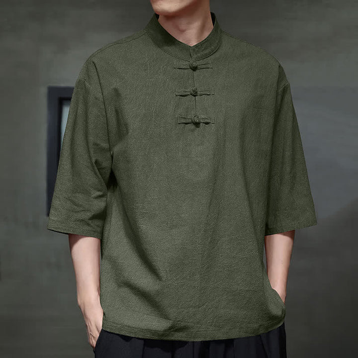 Buddha Stones Chemises à manches courtes pour hommes, style Tang, trois boutons grenouille, couleur unie, été - image 18