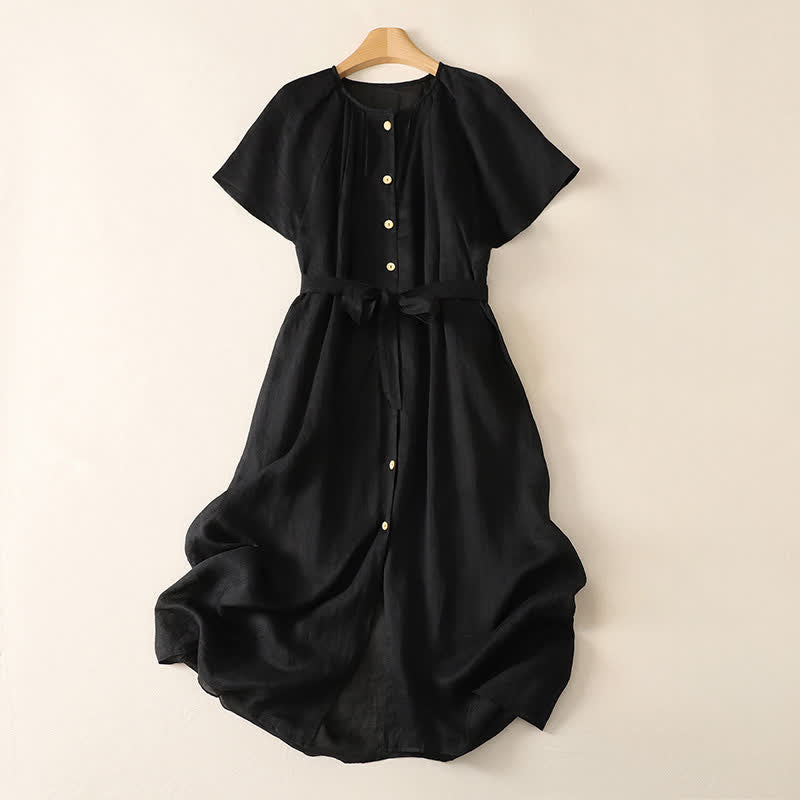 Buddha Stones Robe midi d'été vintage boutonnée, unie, à manches courtes et poches pour femme - Noir - US14，UK/AU18，EU46 (2XL) - image 12