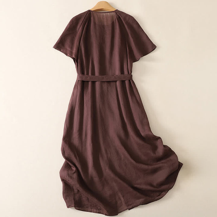 Buddha Stones Robe midi d'été vintage boutonnée, unie, à manches courtes et poches pour femme - image 1
