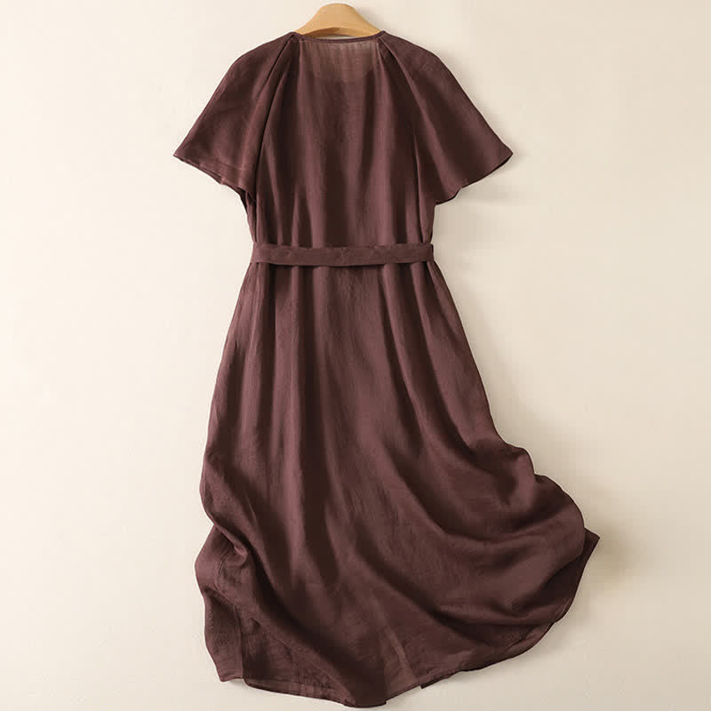Buddha Stones Robe midi d'été vintage boutonnée, unie, à manches courtes et poches pour femme - image 1