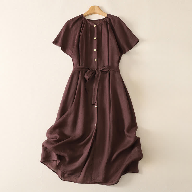 Buddha Stones Robe midi d'été vintage boutonnée, unie, à manches courtes et poches pour femme - Bordeaux - US14，UK/AU18，EU46 (2XL) - image 0