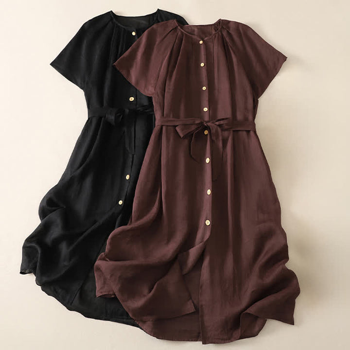 Buddha Stones Robe midi d'été vintage boutonnée, unie, à manches courtes et poches pour femme - image 15