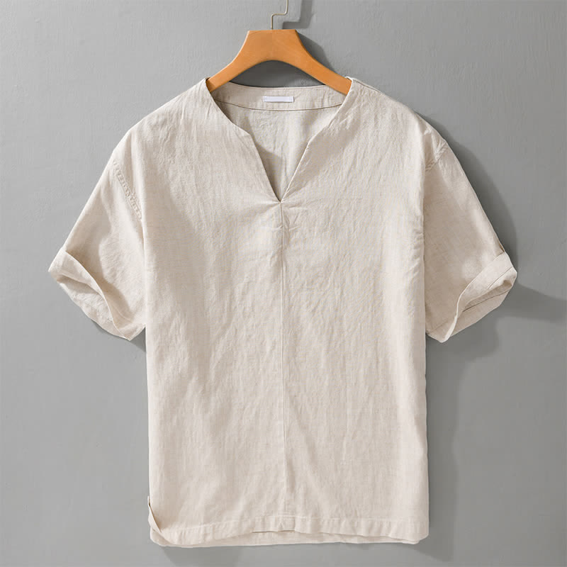 Buddha Stones T-shirts d'été minimalistes unis à col en V et manches courtes pour hommes - Lin - US/UK/AU46，EU56 (5XL) - image 0