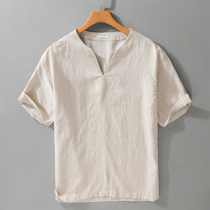 Buddha Stones T-shirts d'été minimalistes unis à col en V et manches courtes pour hommes - Lin - US/UK/AU46，EU56 (5XL) - image 0