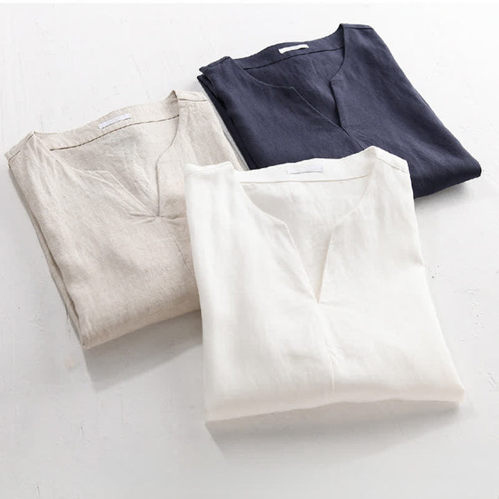 Buddha Stones T-shirts d'été minimalistes unis à col en V et manches courtes pour hommes - image 16