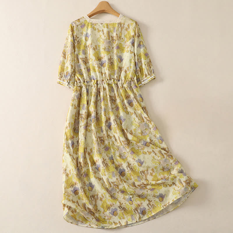 Buddha Stones Robe midi jaune à fleurs, style vintage printemps-été, à cordon de serrage, manches courtes, pour femme - image 1