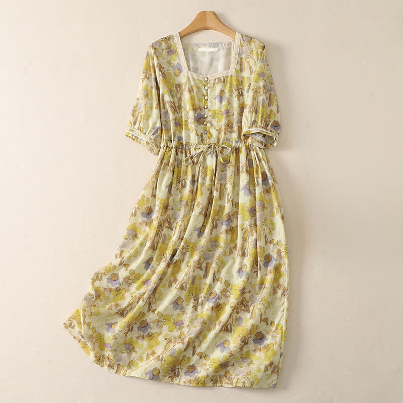Buddha Stones Robe midi jaune à fleurs, style vintage printemps-été, à cordon de serrage, manches courtes, pour femme - Jaune d'or pâle - US14，UK/AU18，EU46 (2XL) - image 0