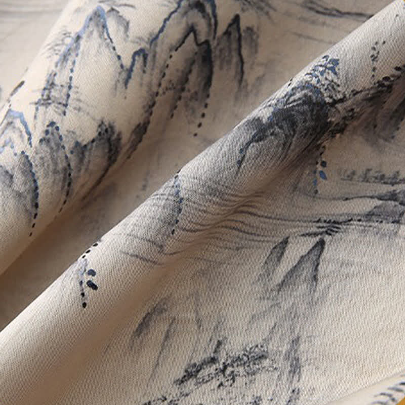 Buddha Stones Ensemble 2 pièces style Tang été décontracté : chemise à manches courtes et pantalon à jambes droites, motif paysage de montagne peint à l'encre, tenue de méditation pour homme avec poches. - image 8