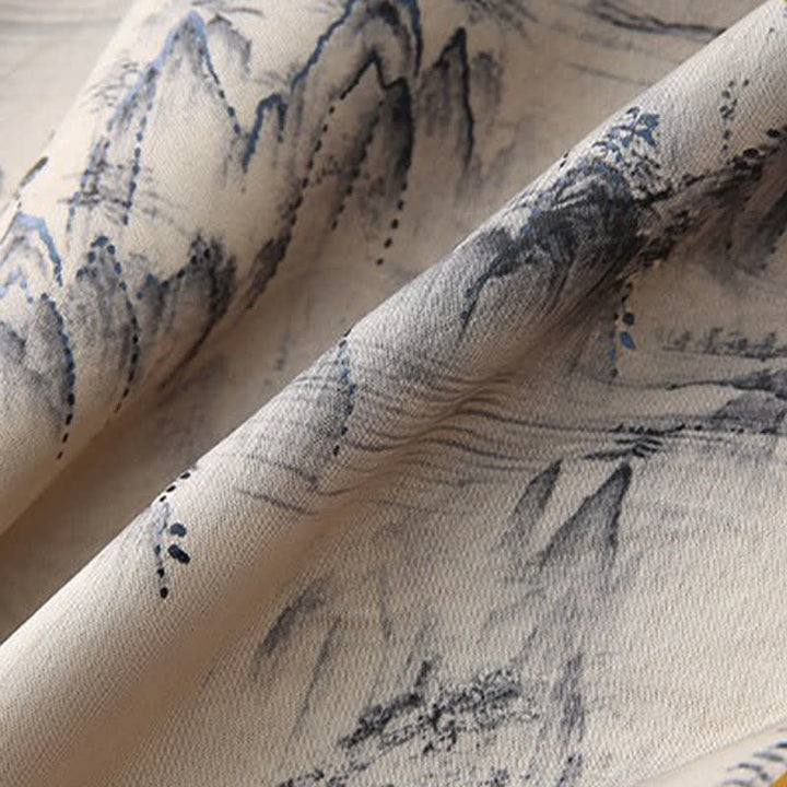 Buddha Stones Ensemble 2 pièces style Tang été décontracté : chemise à manches courtes et pantalon à jambes droites, motif paysage de montagne peint à l'encre, tenue de méditation pour homme avec poches. - image 8