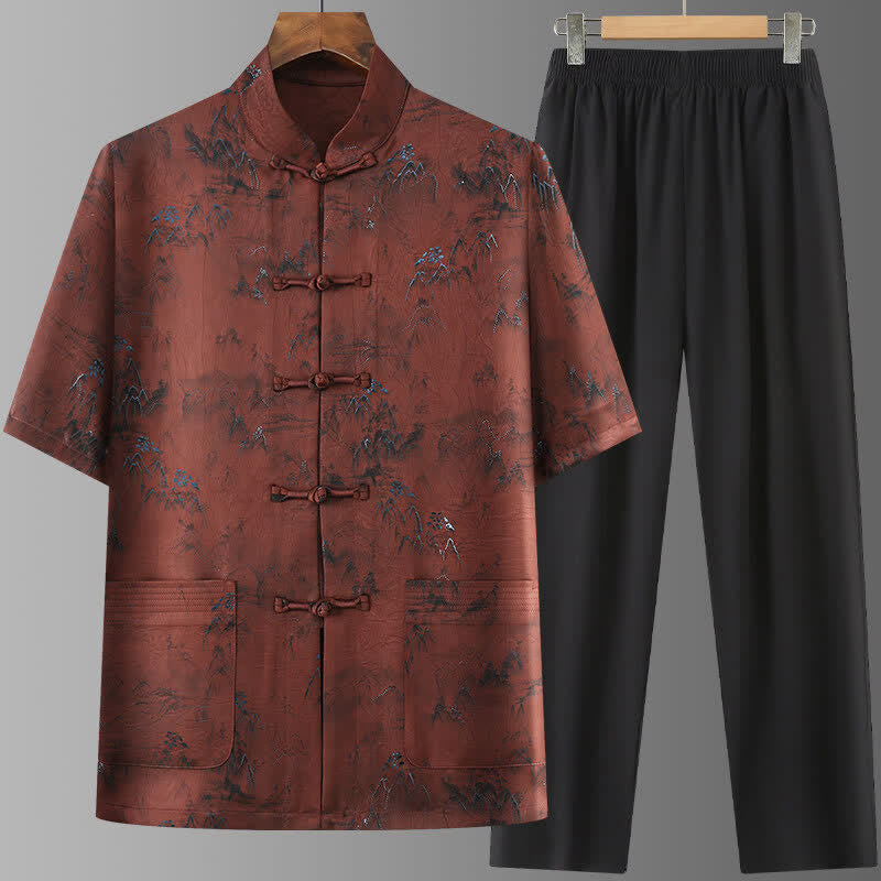 Buddha Stones Ensemble 2 pièces style Tang été décontracté : chemise à manches courtes et pantalon à jambes droites, motif paysage de montagne peint à l'encre, tenue de méditation pour homme avec poches. - Terre de sienne - US/UK/AU42，EU52 (3XL) - image 13