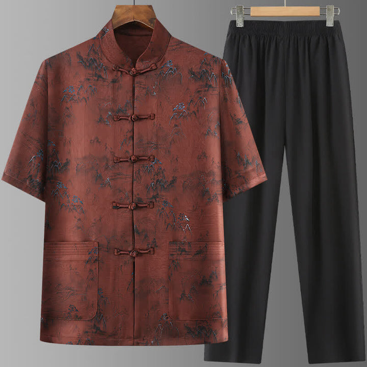Buddha Stones Ensemble 2 pièces style Tang été décontracté : chemise à manches courtes et pantalon à jambes droites, motif paysage de montagne peint à l'encre, tenue de méditation pour homme avec poches. - Terre de sienne - US/UK/AU42，EU52 (3XL) - image 13