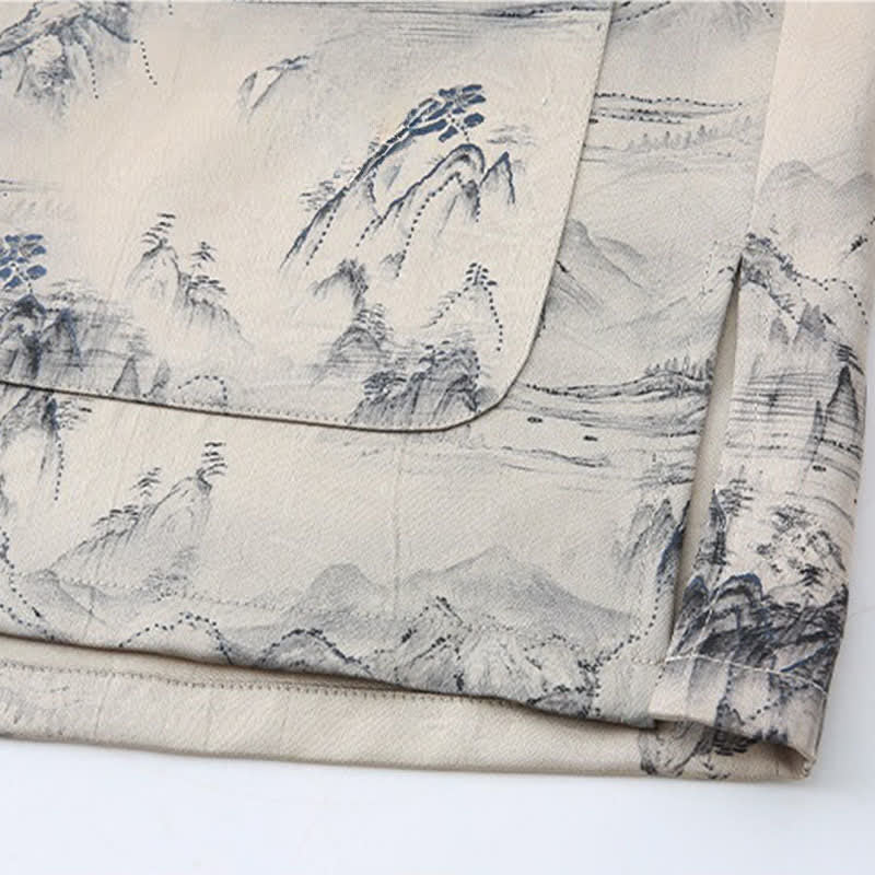 Buddha Stones Ensemble 2 pièces style Tang été décontracté : chemise à manches courtes et pantalon à jambes droites, motif paysage de montagne peint à l'encre, tenue de méditation pour homme avec poches. - image 5