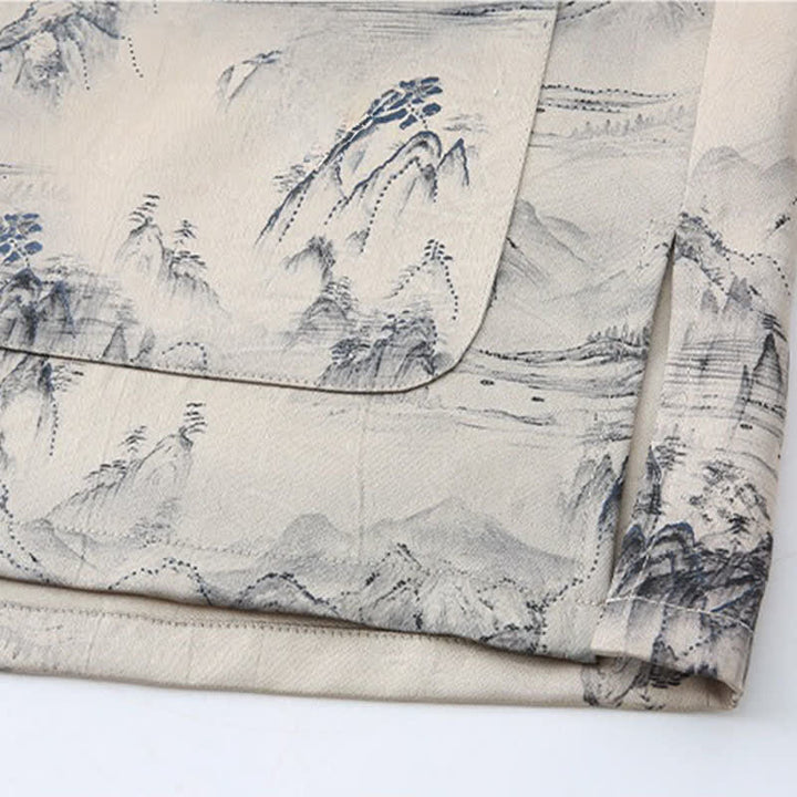Buddha Stones Ensemble 2 pièces style Tang été décontracté : chemise à manches courtes et pantalon à jambes droites, motif paysage de montagne peint à l'encre, tenue de méditation pour homme avec poches. - image 5