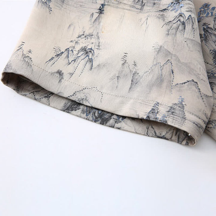 Buddha Stones Ensemble 2 pièces style Tang été décontracté : chemise à manches courtes et pantalon à jambes droites, motif paysage de montagne peint à l'encre, tenue de méditation pour homme avec poches. - image 6