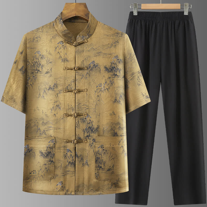 Buddha Stones Ensemble 2 pièces style Tang été décontracté : chemise à manches courtes et pantalon à jambes droites, motif paysage de montagne peint à l'encre, tenue de méditation pour homme avec poches. - verge d'or - US/UK/AU42，EU52 (3XL) - image 12