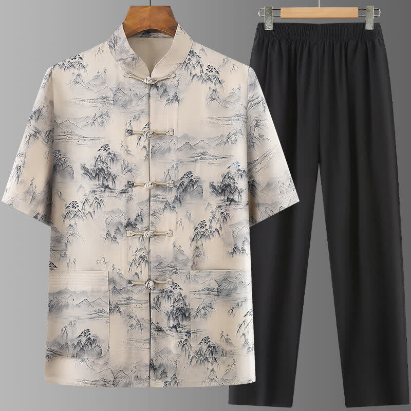 Buddha Stones Ensemble 2 pièces style Tang été décontracté : chemise à manches courtes et pantalon à jambes droites, motif paysage de montagne peint à l'encre, tenue de méditation pour homme avec poches. - Beige - US/UK/AU42，EU52 (3XL) - image 0