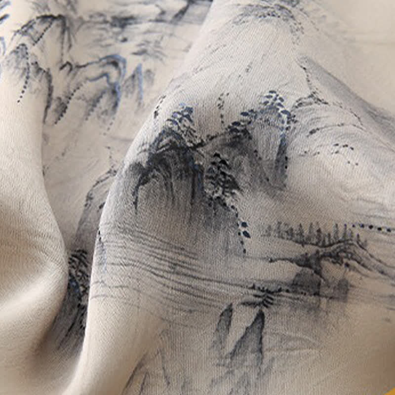 Buddha Stones Ensemble 2 pièces style Tang été décontracté : chemise à manches courtes et pantalon à jambes droites, motif paysage de montagne peint à l'encre, tenue de méditation pour homme avec poches. - image 7