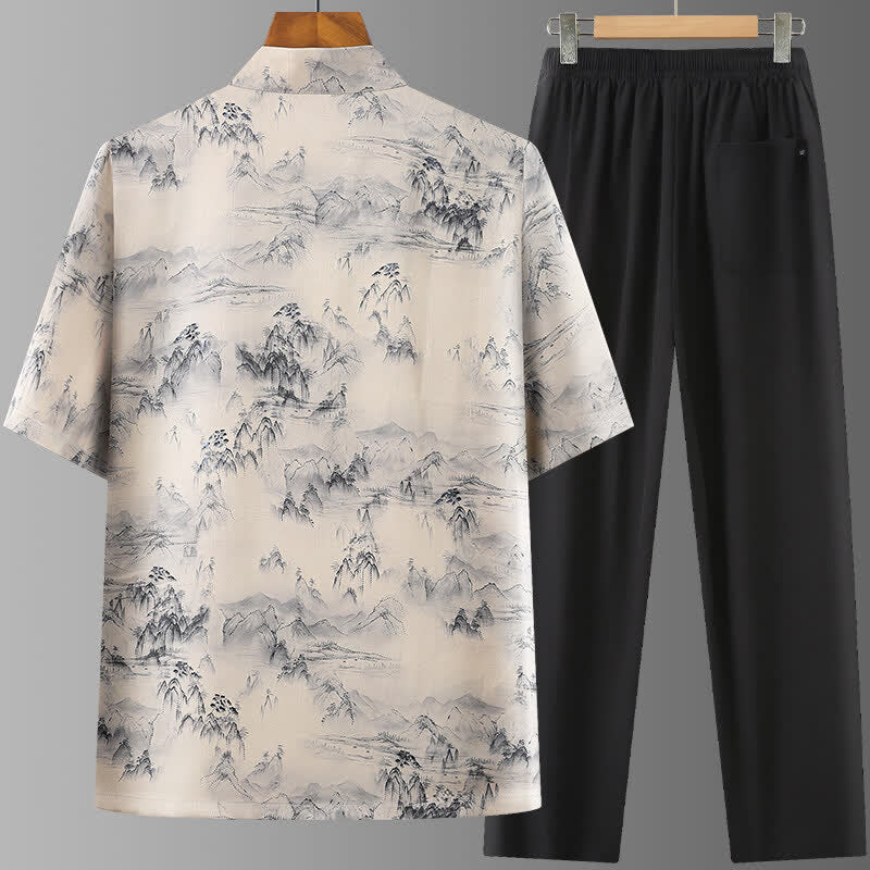 Buddha Stones Ensemble 2 pièces style Tang été décontracté : chemise à manches courtes et pantalon à jambes droites, motif paysage de montagne peint à l'encre, tenue de méditation pour homme avec poches. - image 1