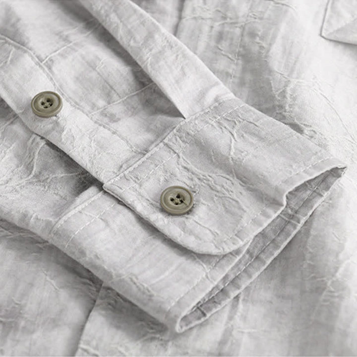 Buddha Stones Chemise homme gris anthracite uni, délavé, à boutons, style minimaliste décontracté printemps-été, avec poche plaquée - image 9