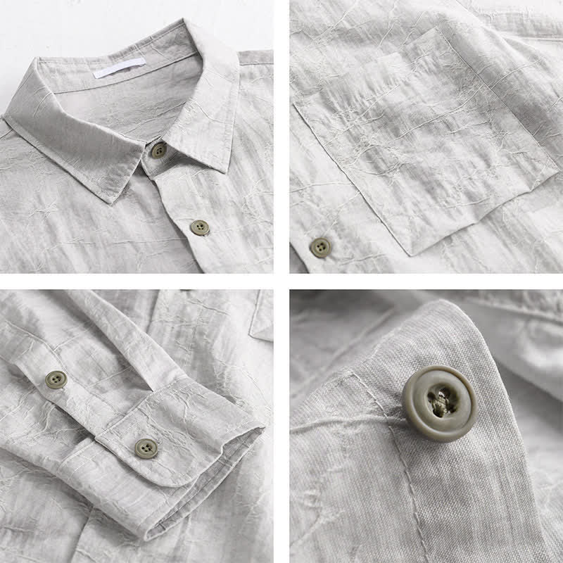 Buddha Stones Chemise homme gris anthracite uni, délavé, à boutons, style minimaliste décontracté printemps-été, avec poche plaquée - image 4