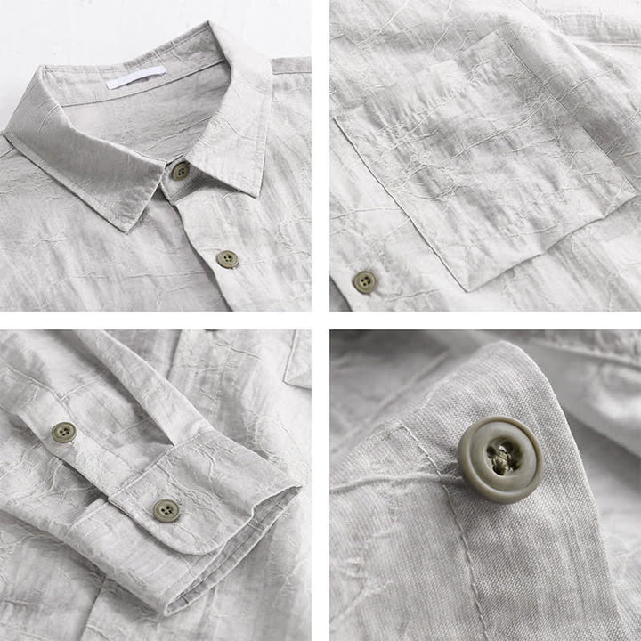 Buddha Stones Chemise homme gris anthracite uni, délavé, à boutons, style minimaliste décontracté printemps-été, avec poche plaquée - image 4