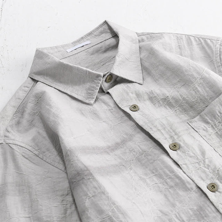 Buddha Stones Chemise homme gris anthracite uni, délavé, à boutons, style minimaliste décontracté printemps-été, avec poche plaquée - image 5