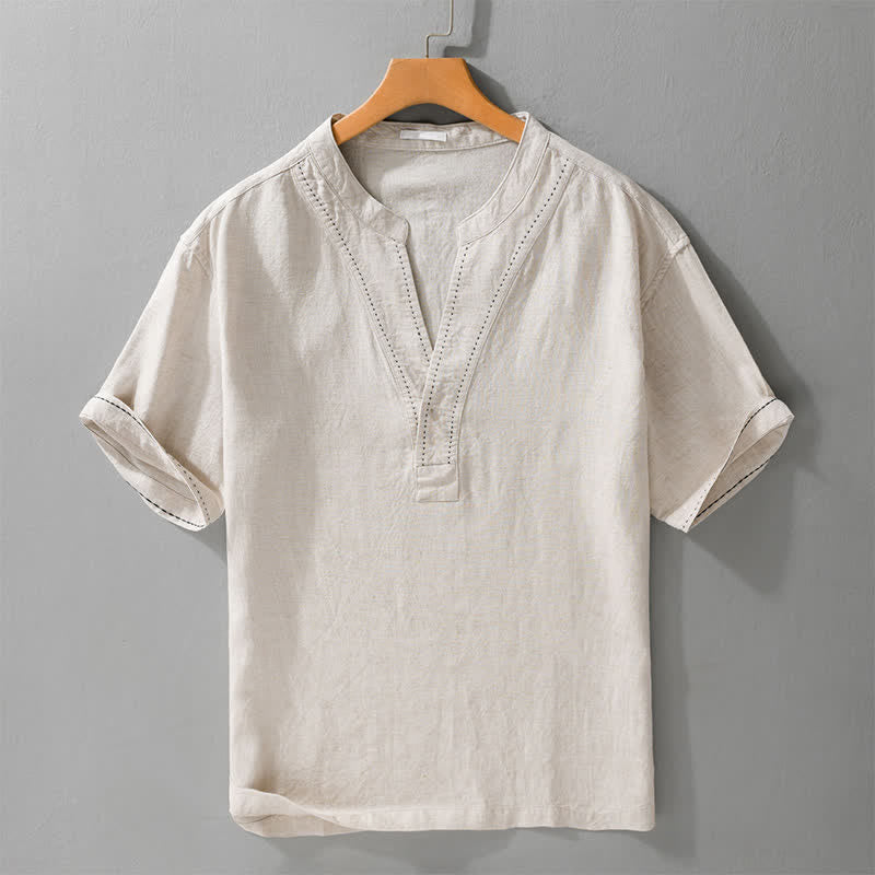 Buddha Stones T-shirts d'été décontractés pour hommes, col en V, manches courtes, unis - Lin - US/UK/AU44，EU54 (3XL) - image 0