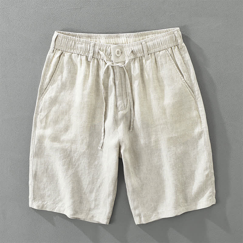 Buddha Stones Short d'été décontracté et minimaliste en lin uni avec cordon de serrage et fermeture éclair, poches - Lin - US/UK/AU46，EU56 (3XL) - image 0