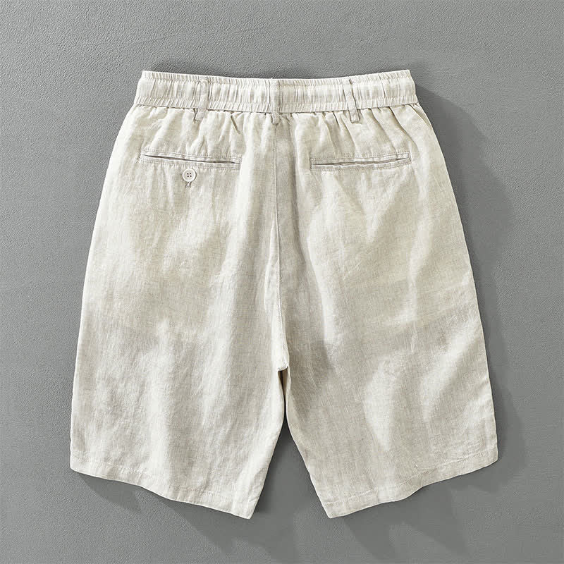 Buddha Stones Short d'été décontracté et minimaliste en lin uni avec cordon de serrage et fermeture éclair, poches - image 1